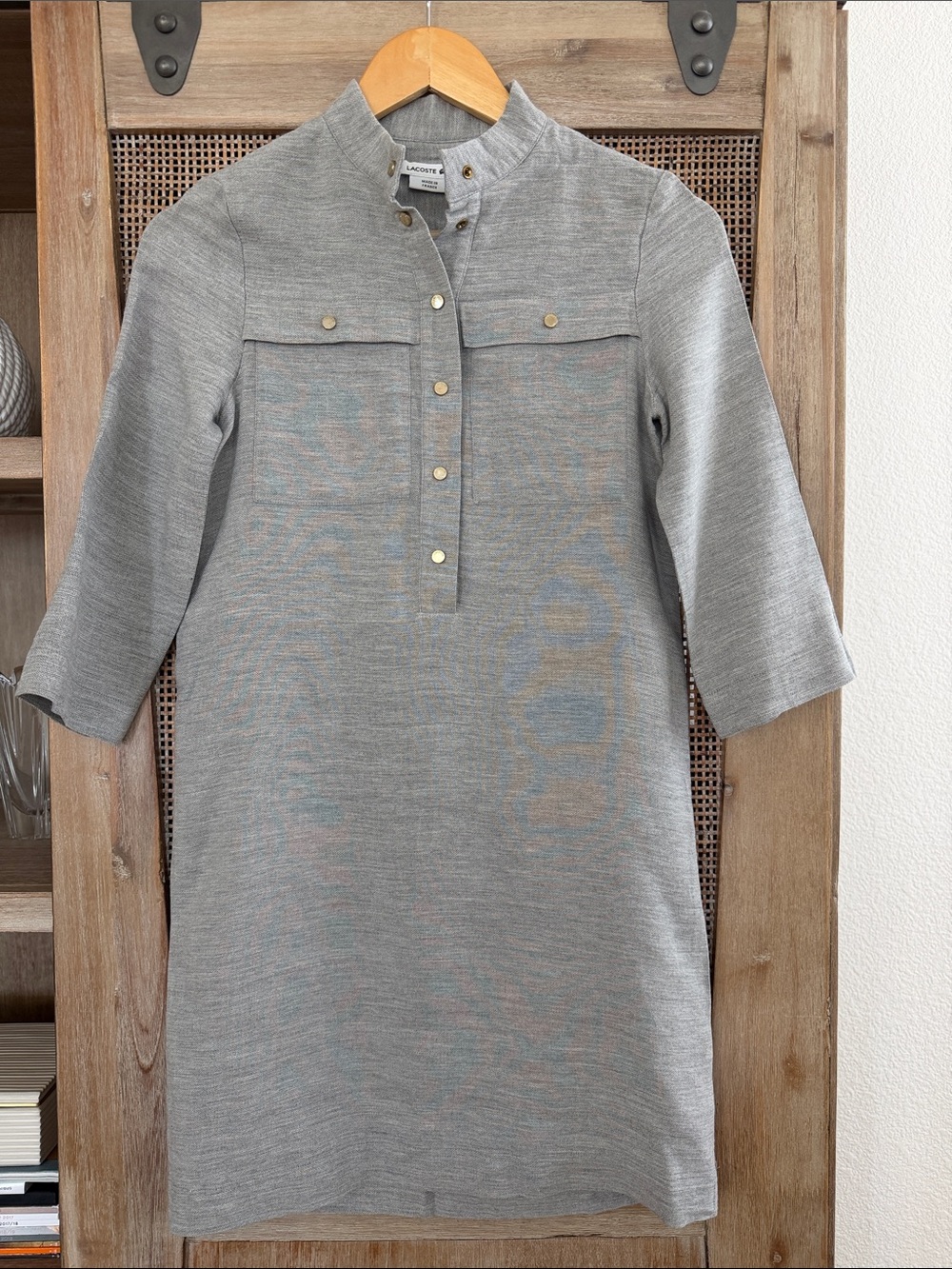 Lacoste Light Gray Knit Snap-Front Pullover Mini Dress with Gold Buttons